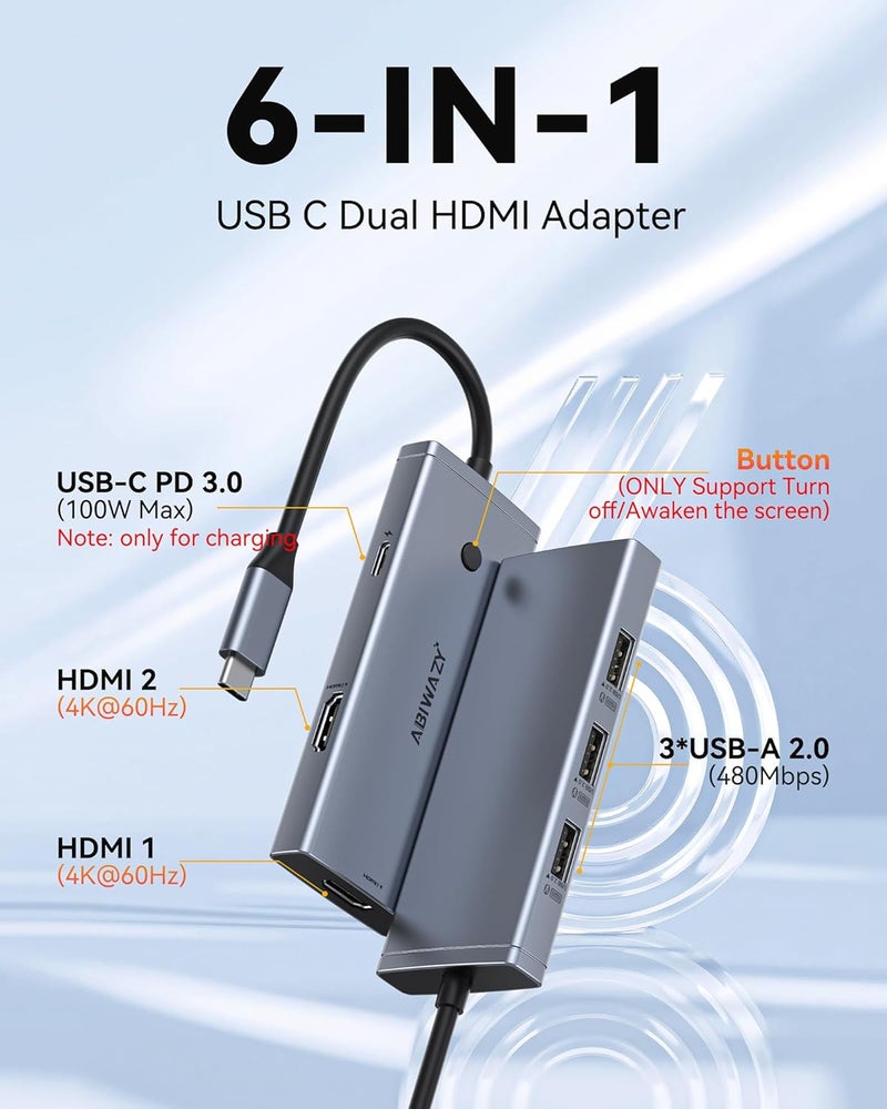 ABIWAZY محطة إرساء USB C إلى محول HDMI مزدوج، مركز USBC لشاشات HDMI مزدوجة مع 2 منفذ HDMI 4K@60Hz، شحن PD بقوة 100 واط، 3 USB-A، زر تبديل، محطة إرساء لابتوب Dell XPS/HP/Lenovo/Surface وغيرها - Image 2